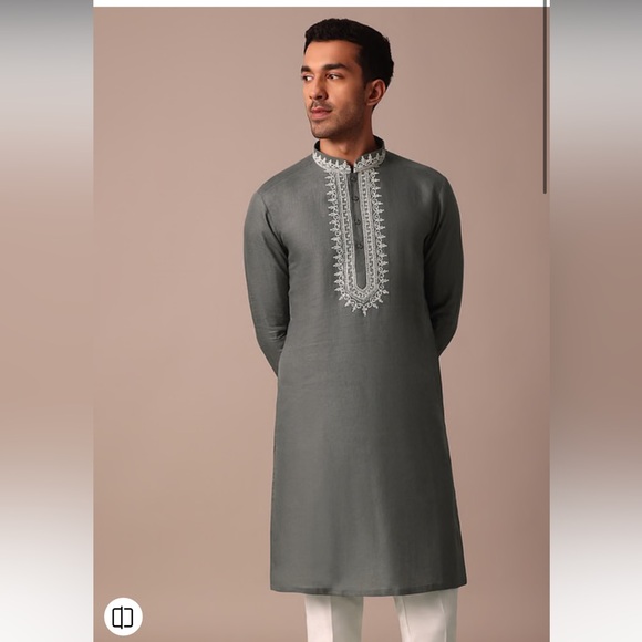 Grey Linen Kurta With Embroidered Yoke - Picture 3 of 5
